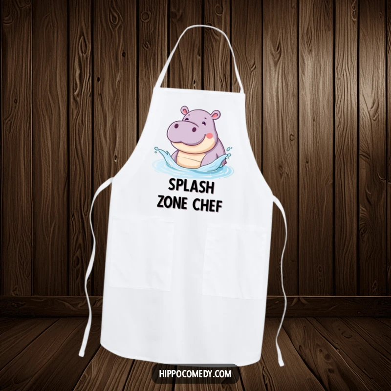 Funny apron featuring a smiling hippopotamus splashing water with its snout during cooking, adding playful charm to the kitchen.