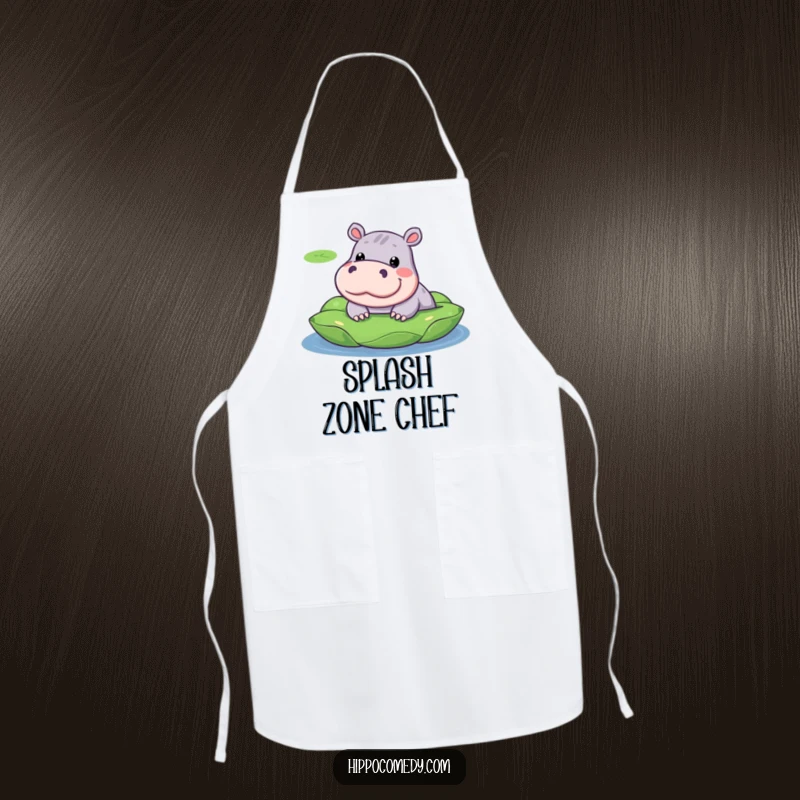 Funny apron design of a kawaii hippopotamus with a silly expression, peeking from behind a lily pad.