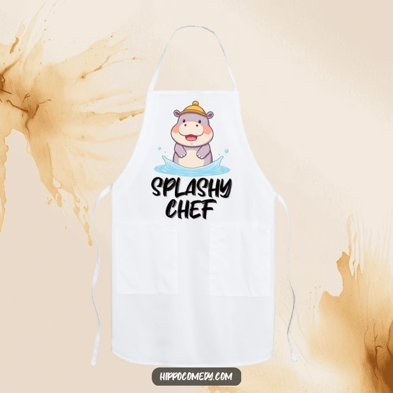 Funny apron of a kawaii hippopotamus wearing a small hat, joyfully splashing water while cooking, perfect for chefs.
