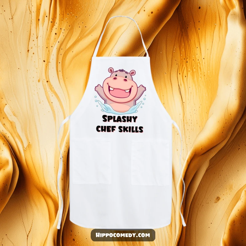 Funny apron featuring a chubby hippo with a wide grin, enthusiastically splashing water, perfect for cooking with a humorous twist.