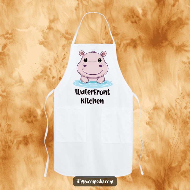 Funny apron featuring a cheerful hippo with big, round eyes, peeking above water, perfect for cooking with a humorous twist.