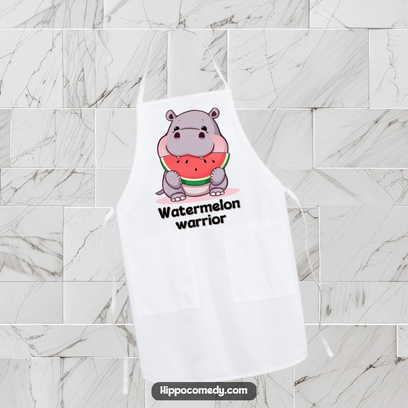 Funny hippo apron, proudly displaying a large watermelon slice, ready for a delicious meal or a cooking session.