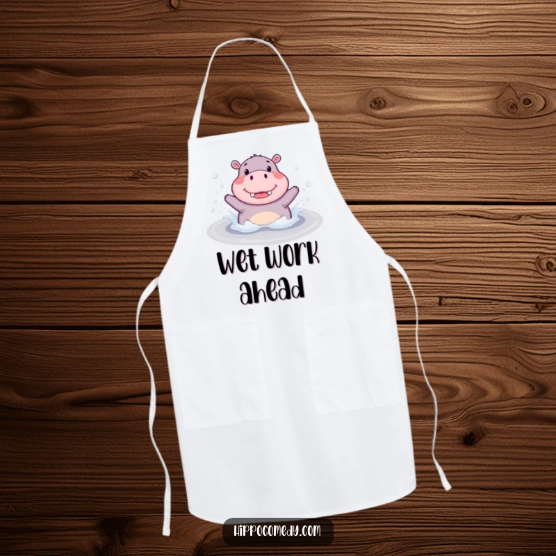 Funny Apron: A cute hippopotamus joyfully splashing in a bubbly puddle, ideal for kitchen fun and protection.