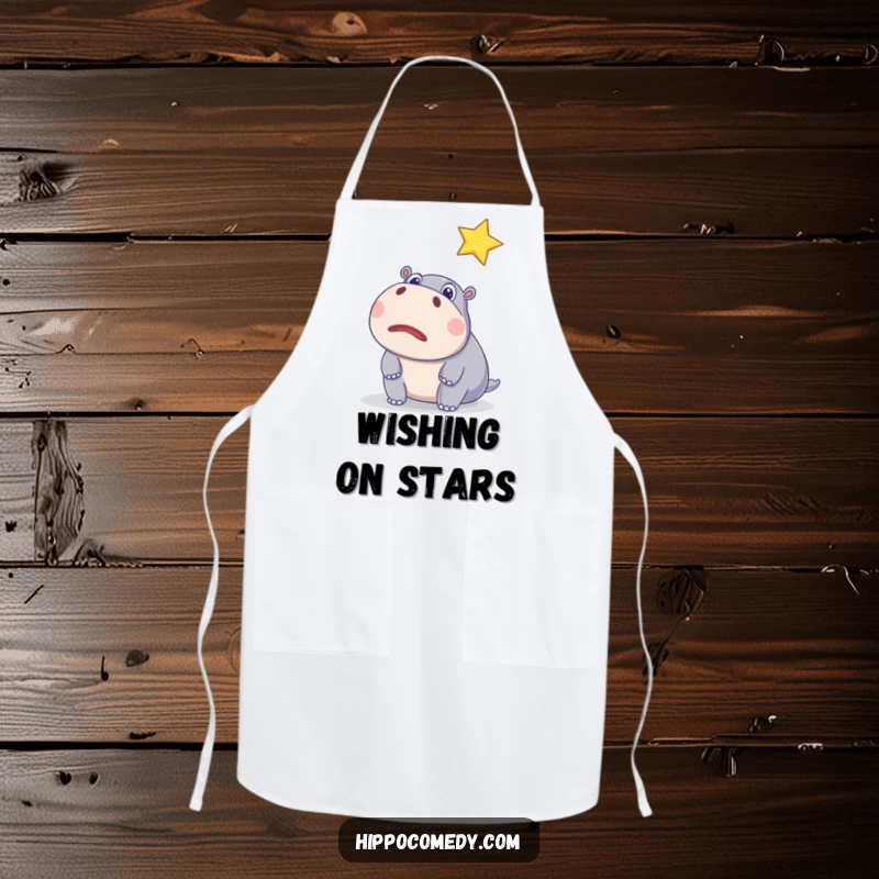 Funny apron featuring a surprised hippo watching a sparkling star, perfect for humorous cooking and adding celestial flair.