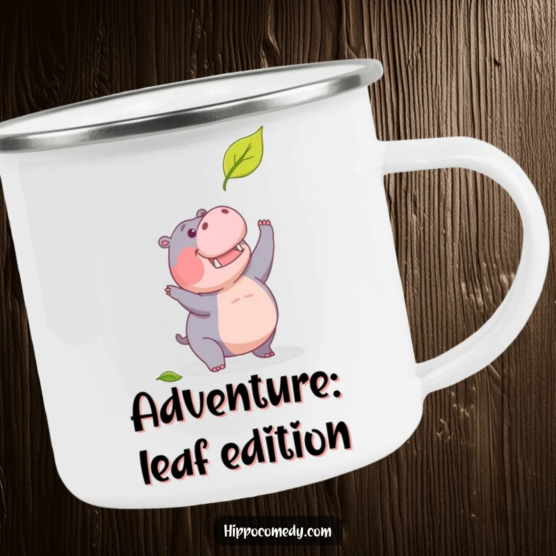 Funny camping mug with a determined hippopotamus humorously chasing a falling leaf, for adventurous folk.