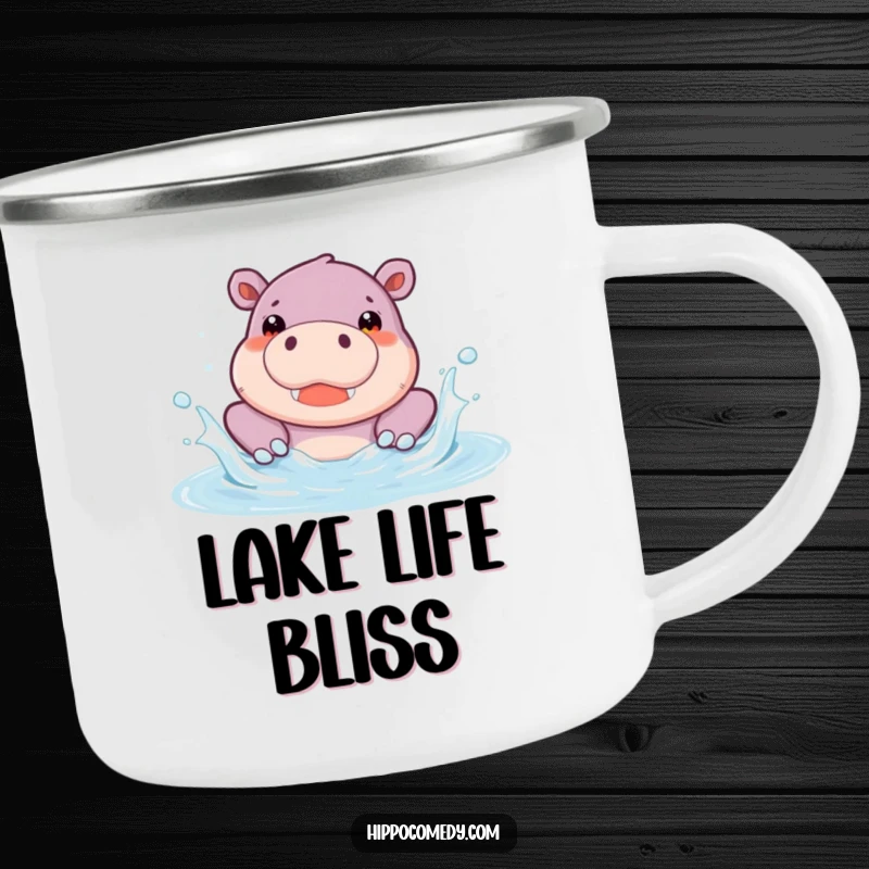 Funny Hippo Pool Camping Mug featuring a cute hippopotamus character splashing joyfully in a pool. Durable enamel mug for outdoor enthusiasts and animal fans.