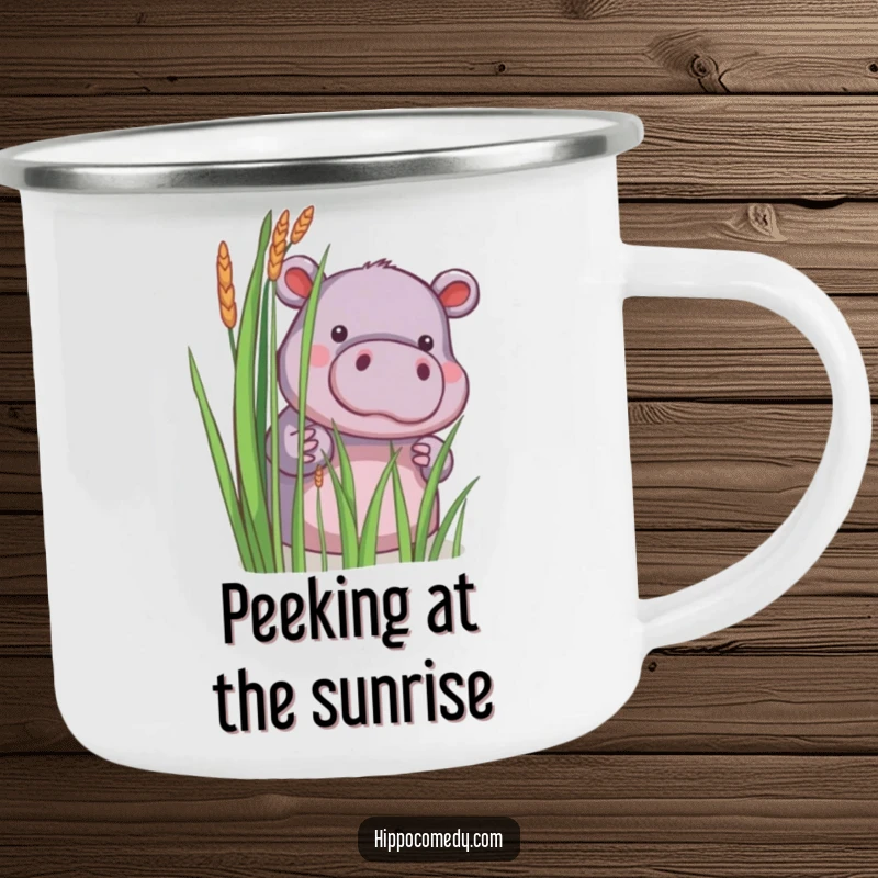 Funny camping mug with a little hippopotamus shyly peeking from behind reeds, durable for outdoor use.