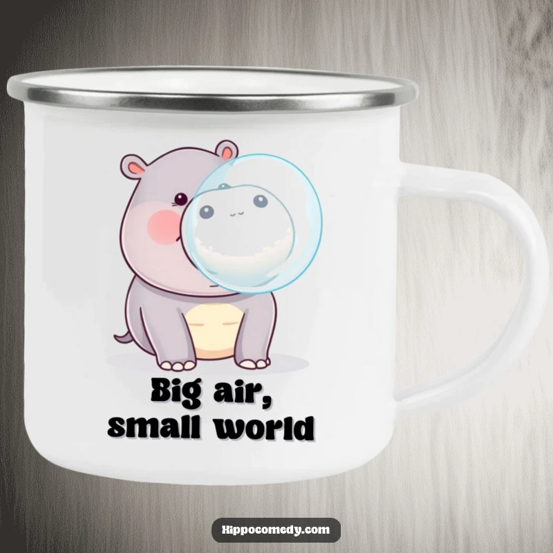 Funny kawaii hippopotamus blowing a large bubble from its mouth, on a sturdy camping mug.