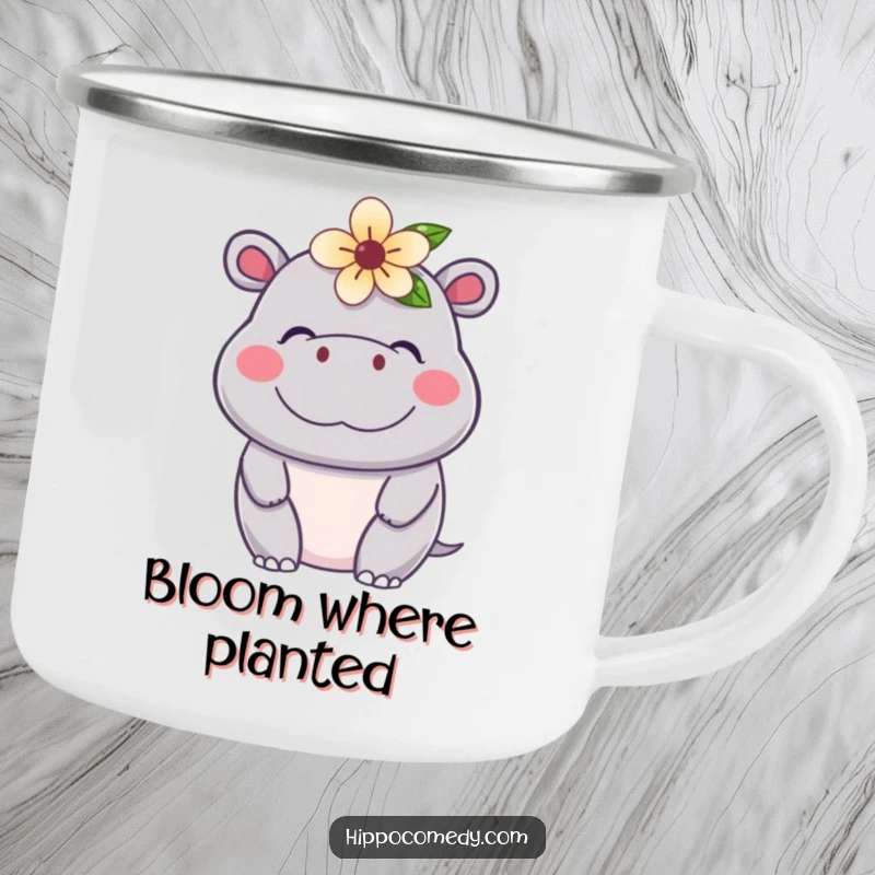 Funny Kawaii Hippo Camping Mug showcasing a happy hippopotamus with a flower, built for adventure and cheerful hydration.