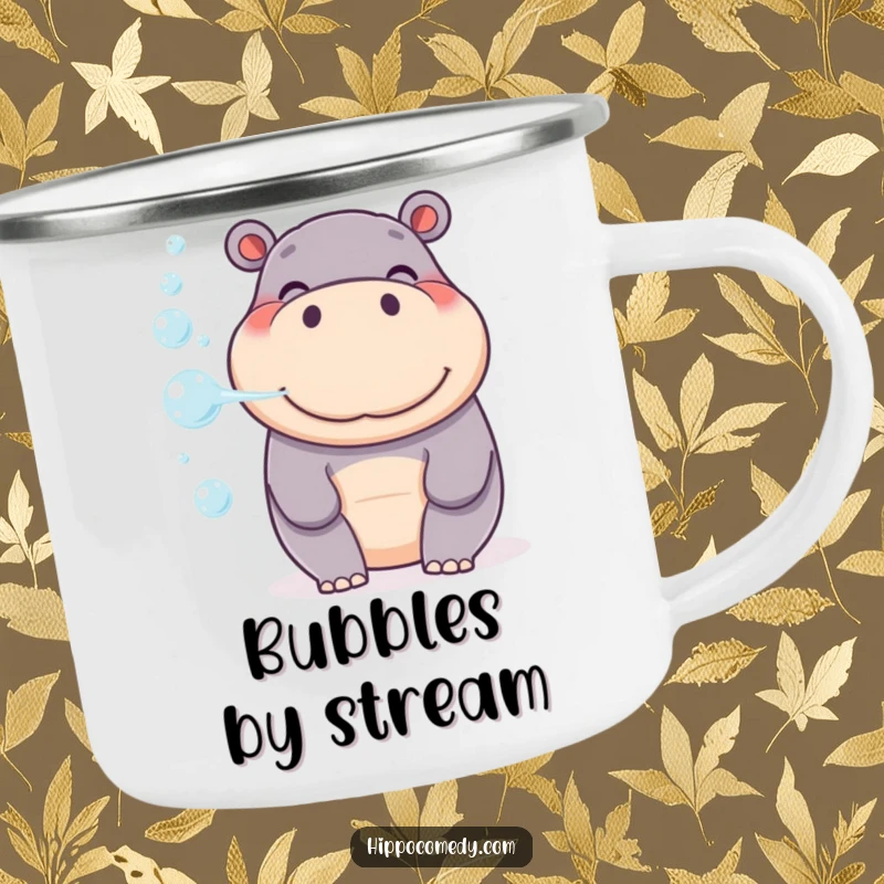 Funny Hippo Bubble Camping Mug, a smiling hippo blowing a gentle stream of bubbles, perfect for outdoor enjoyment.
