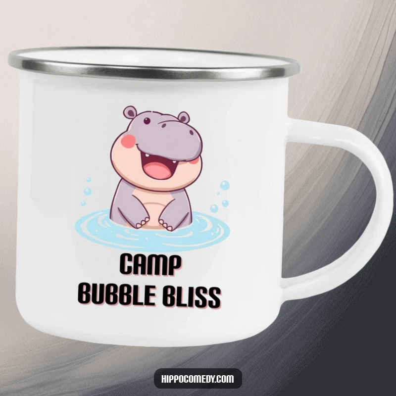 Funny camping mug showing a hippopotamus joyfully emerging from a bubbly pool, perfect for outdoor enthusiasts who love fun.