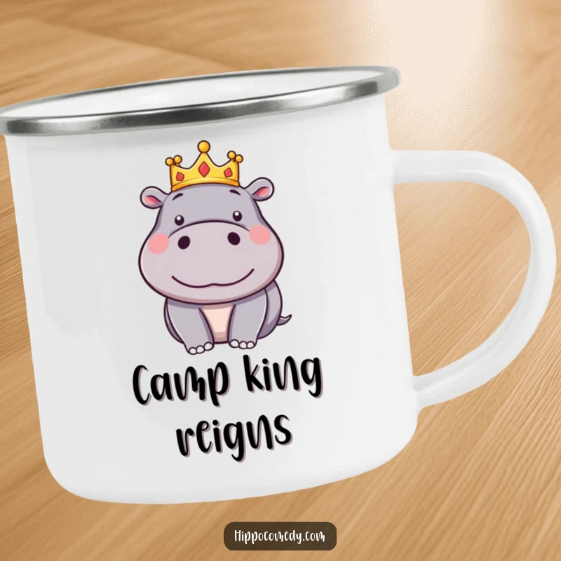 Funny Hippo Crown Camping Mug: A silly cartoon hippo wears a small crown, looking pleased, ready for outdoor adventures.