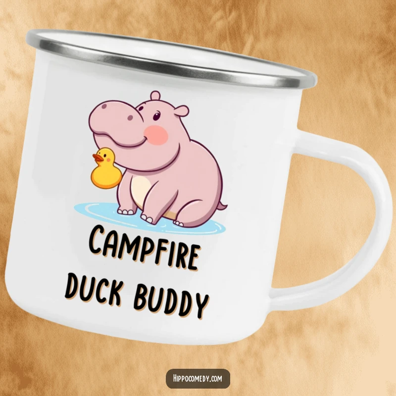 Funny kawaii hippopotamus looking with delight at a floating rubber ducky on a camping mug, embodying comical outdoor happiness.