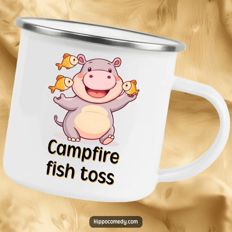 Funny happy hippo camping mug featuring a smiling hippopotamus juggling three small fish, perfect for outdoor fun and humorous surprises.
