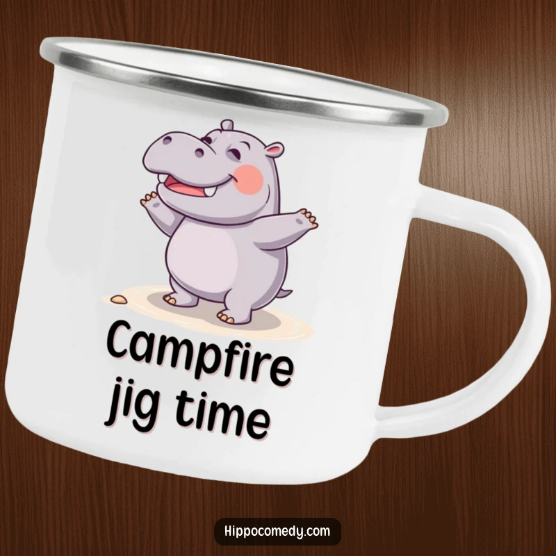 Funny giggling hippo camping mug, depicting a happy hippo dancing on the shore, ready for outdoor fun.