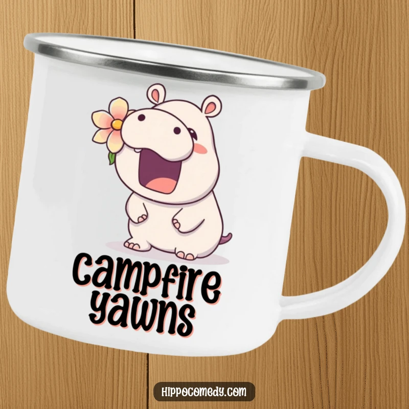 Funny kawaii hippo camping mug featuring a cute hippopotamus with a flower, yawning widely, perfect for outdoor relaxation and humor.