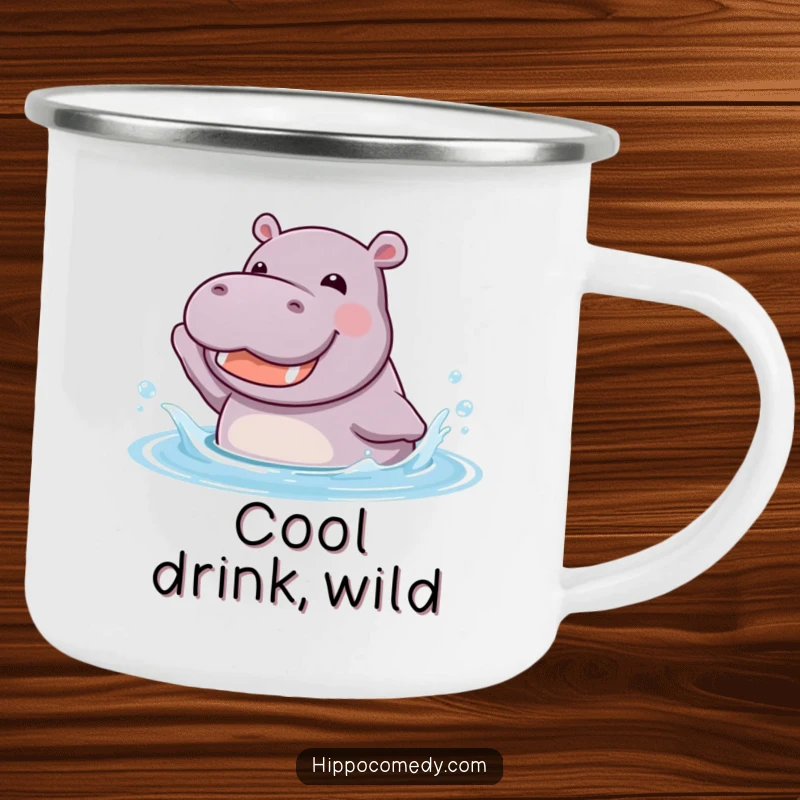 Funny kawaii hippopotamus joyfully splashing in cool water with a happy grin, on a sturdy camping mug.