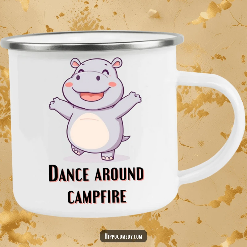 Funny camping mug with a joyful hippo dancing with wiggling feet, perfect for humorous outdoor adventures and drink enjoyment.