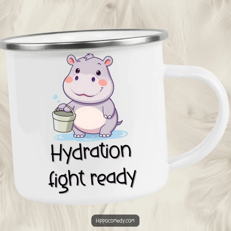 Funny kawaii hippo camping mug, holding a bucket and looking ready for a water fight, perfect for outdoor playful moments.