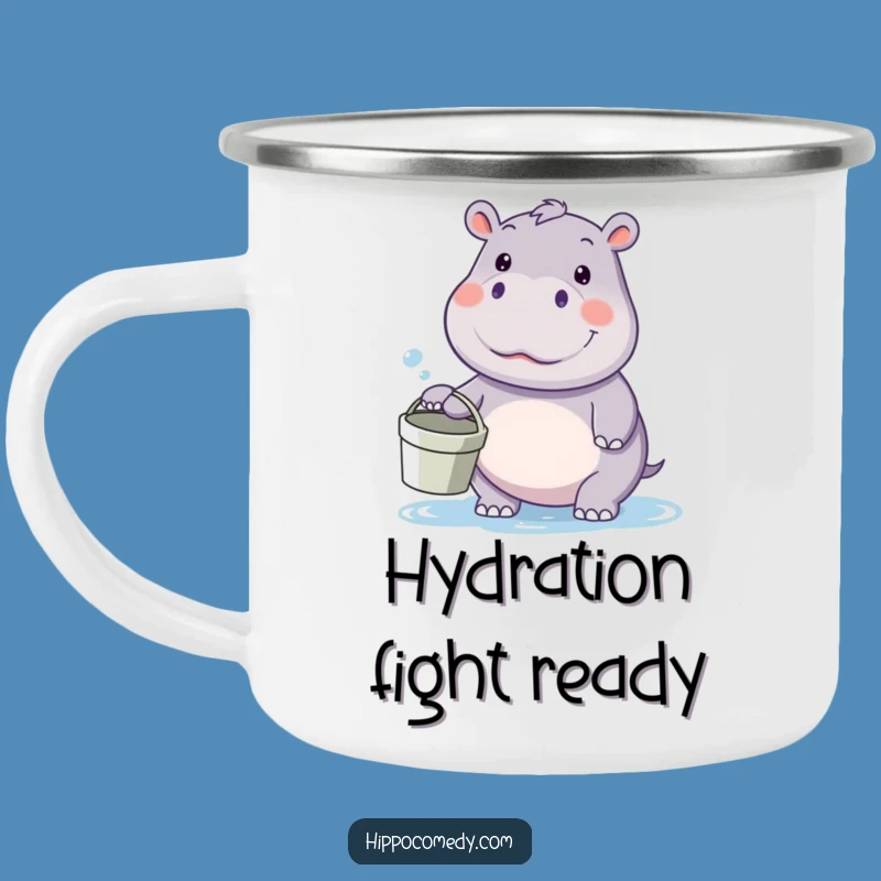Durable funny kawaii hippo camping mug, a playful gift for campers, featuring a hippo ready for fun.