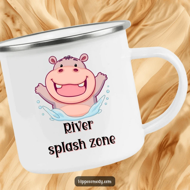 Funny camping mug featuring a chubby hippo with a wide grin, enthusiastically splashing water, perfect for outdoor fun.