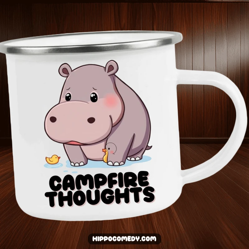 Funny hippo with a curious gaze observing a tiny duck on an enamel camping mug, for observers.