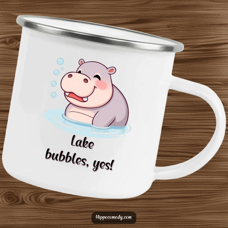 Funny Camping Mug: A giggling hippopotamus blowing bubbles in the water, perfect for outdoor fun and smiles.