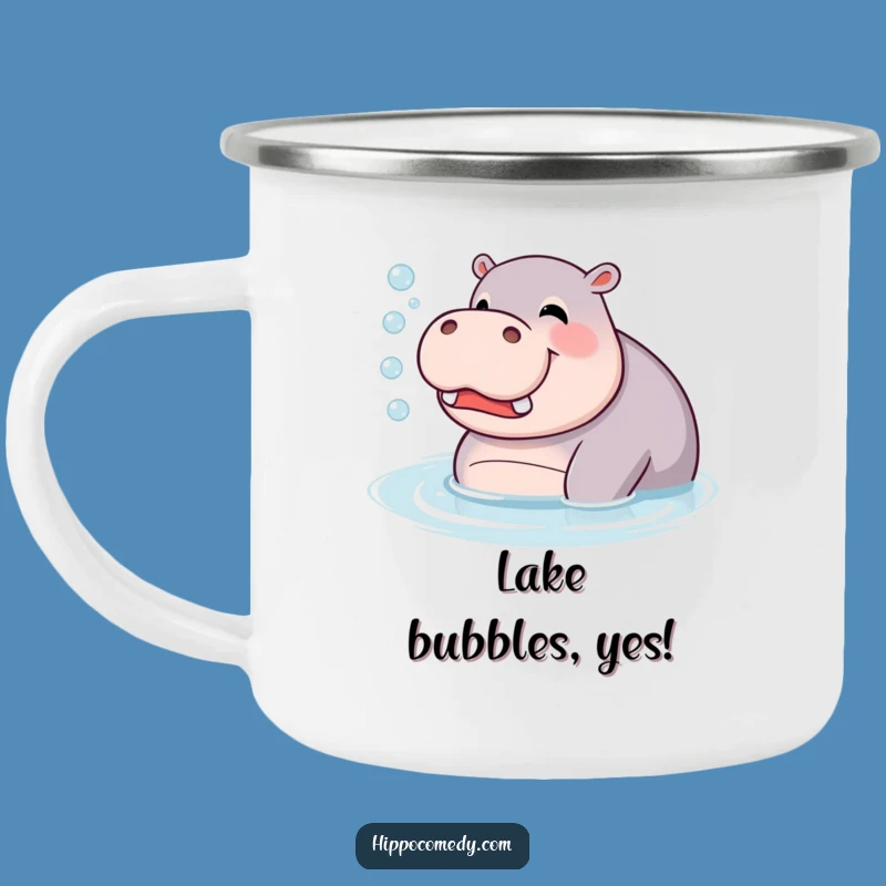 Funny Giggling Hippo Camping Mug: Bubbles Blowing Hippopotamus Outdoors, Gift