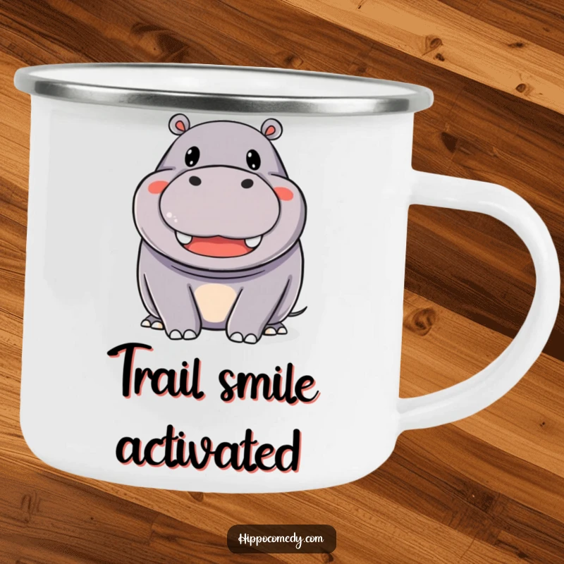 Funny Camping Mug: A happy hippopotamus with a wide, beaming smile, perfect for enjoying drinks outdoors with joy.