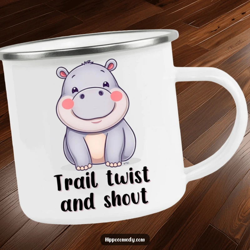 Funny happy hippo with shiny skin wiggling, featured on a durable camping mug for outdoor enjoyment.