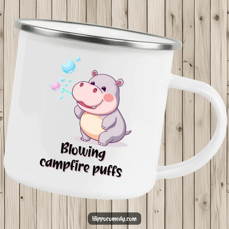 Funny Camping Mug: Playful hippopotamus blows a stream of rainbow bubbles, ready for outdoor fun.