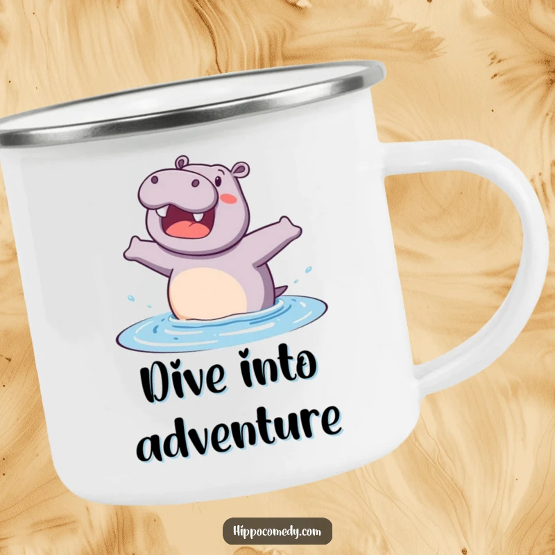 Funny camping mug featuring an excited hippopotamus ready to jump into water, perfect for outdoor fun and humorous sipping.