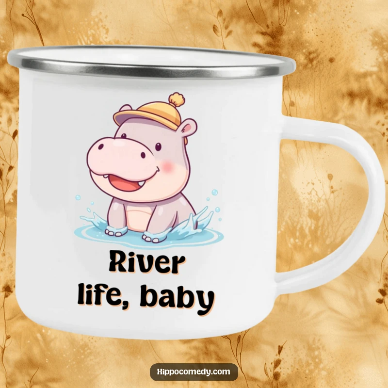 Funny camping mug showcasing a smiling hippopotamus cub wearing a hat, enjoying a silly splish-splash during outdoor adventures.