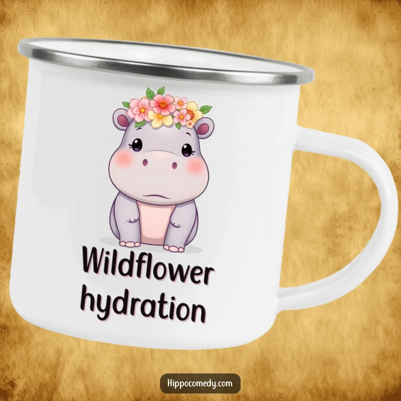 Funny hippo adorned with a delicate flower crown on an enamel camping mug, ideal for gentle outdoor moments.