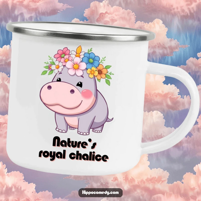 Funny hippo camping mug, depicting a proud hippo wearing a flower crown, ready for outdoor enjoyment.