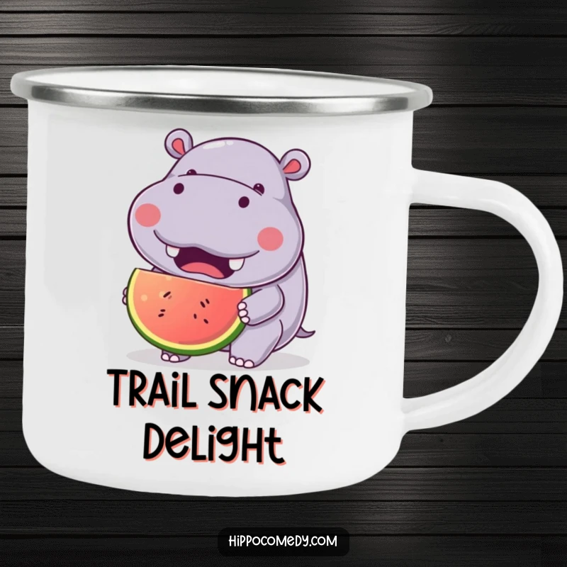 Funny Hippo Fruit Camping Mug showing a kawaii hippopotamus with a joyful expression, eating a large fruit, durable and humorous for outdoor use.
