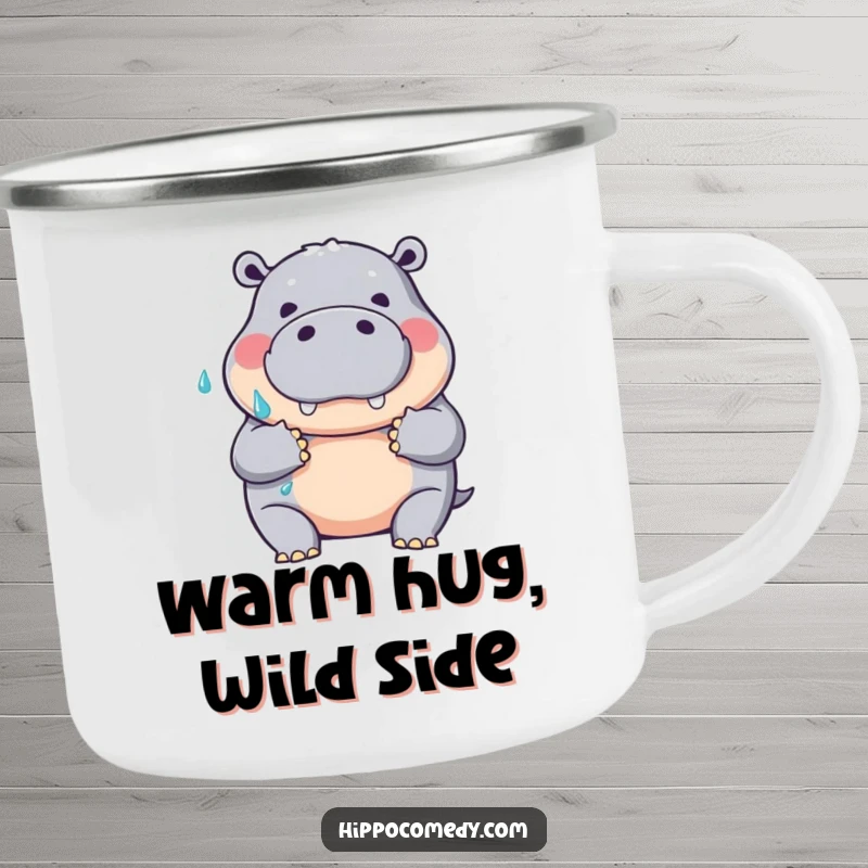 Funny camping mug featuring a friendly hippopotamus giving a big, wet hug gesture, perfect for humorous outdoor enjoyment.