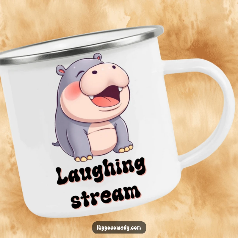 Funny hippo with mouth open in a silent, joyful laugh on an enamel camping mug, for happy adventurers.