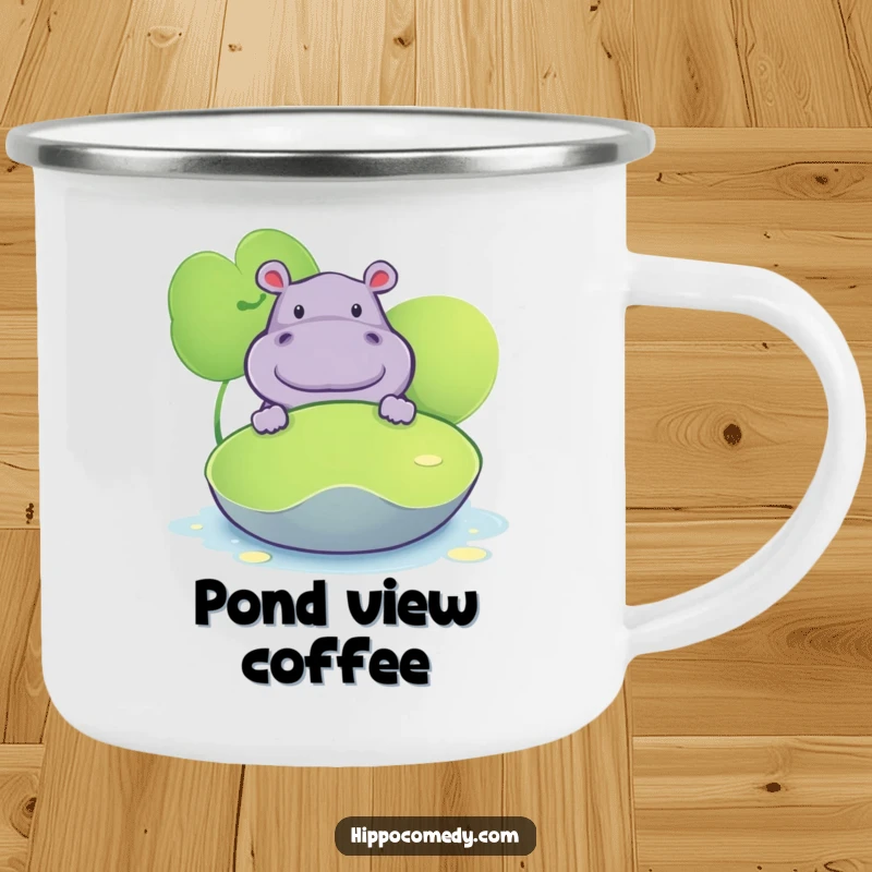 Funny camping mug featuring a hippopotamus peeking from behind a lily pad, perfect for outdoor enthusiasts.