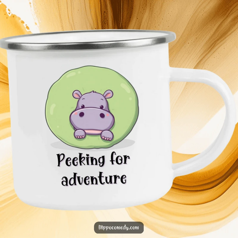 Funny Camping Mug: Curious hippopotamus peeks from behind a giant lily pad, ready for exploration.