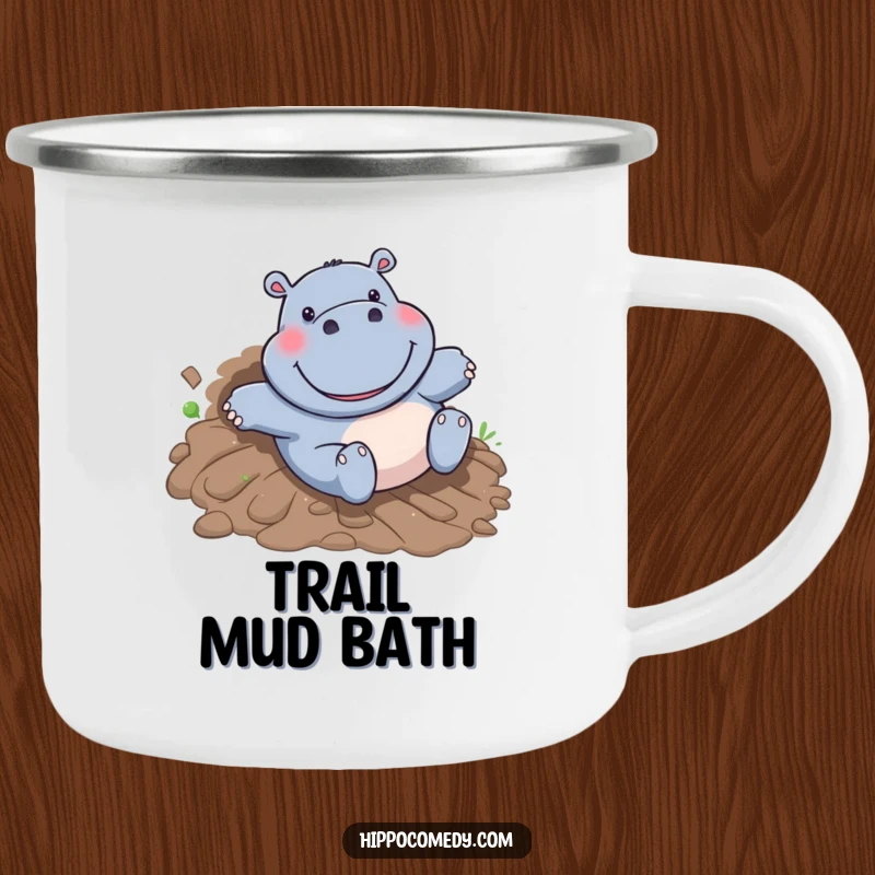 Funny Hippo Camping Mug: A happy cartoon hippo with a huge grin slides down a muddy hill, ideal for outdoor fun.