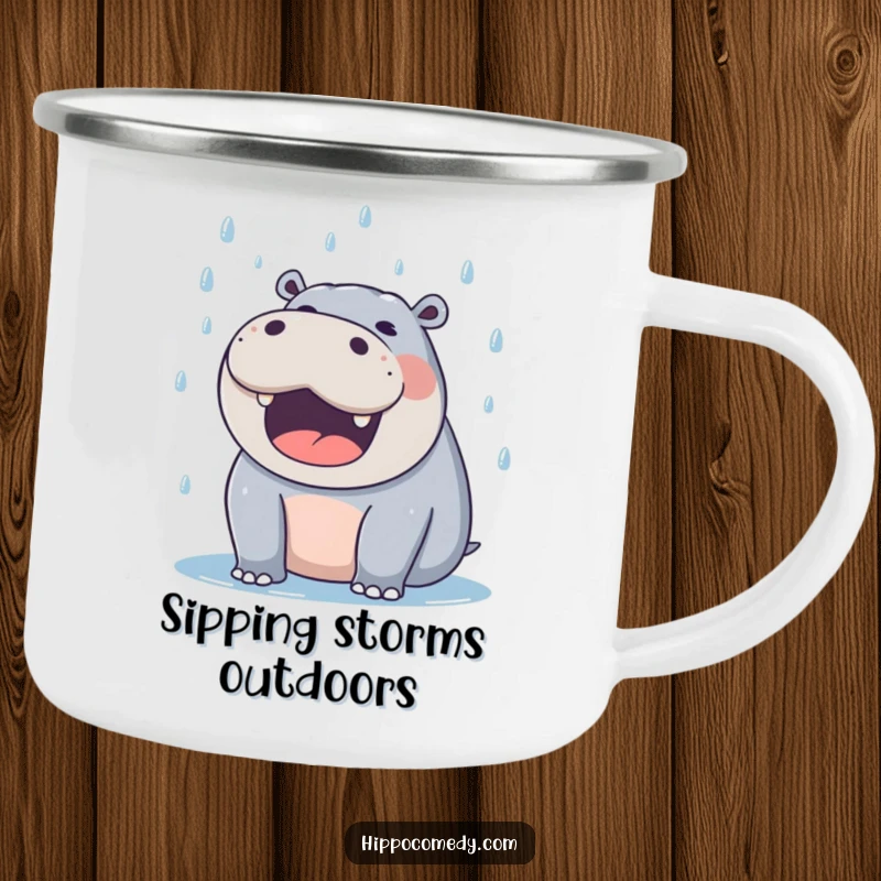 Funny hippo camping mug with mouth open, joyfully catching falling raindrops during outdoor trips.