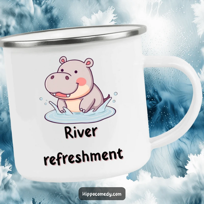 Funny Hippo Splashing Camping Mug: An enamel mug featuring a cute hippo joyfully splashing, for funny outdoor enjoyment.