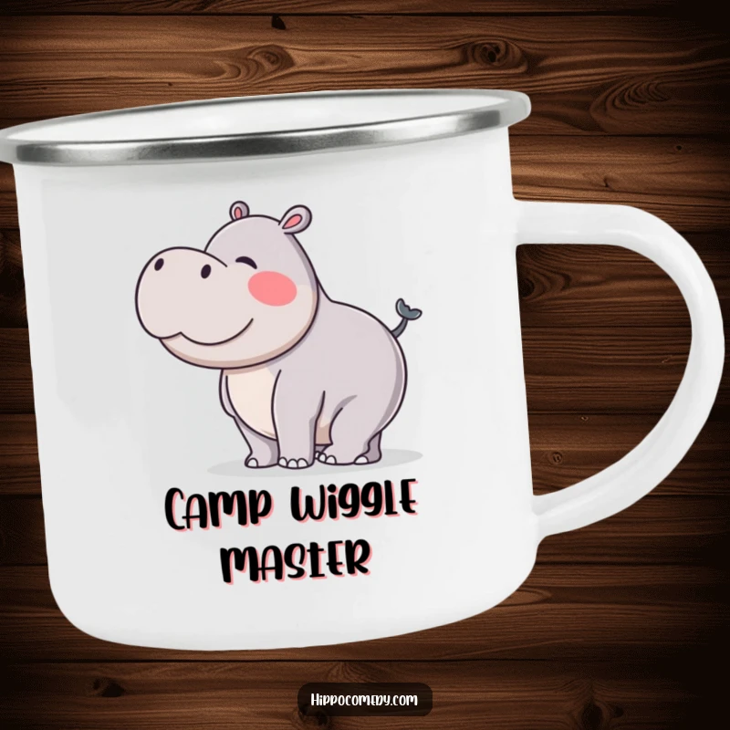 Funny camping mug showing a hippopotamus doing a silly wiggle with its stubby tail, perfect for outdoor enthusiasts who love fun.