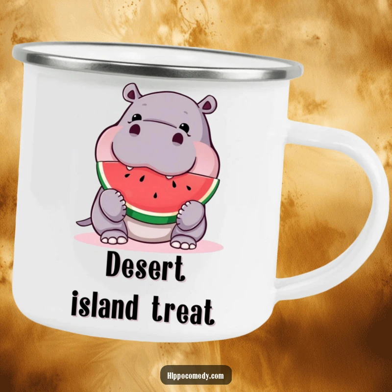 Funny hippo camping mug, showing a happy hippo taking a big bite out of a refreshing watermelon slice.