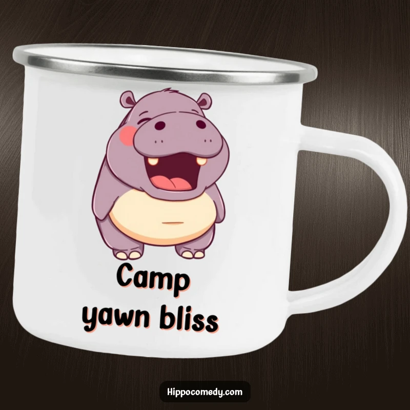 Funny camping mug showing a hippopotamus with its mouth open in a happy yawn, perfect for outdoor enthusiasts who appreciate relaxation.