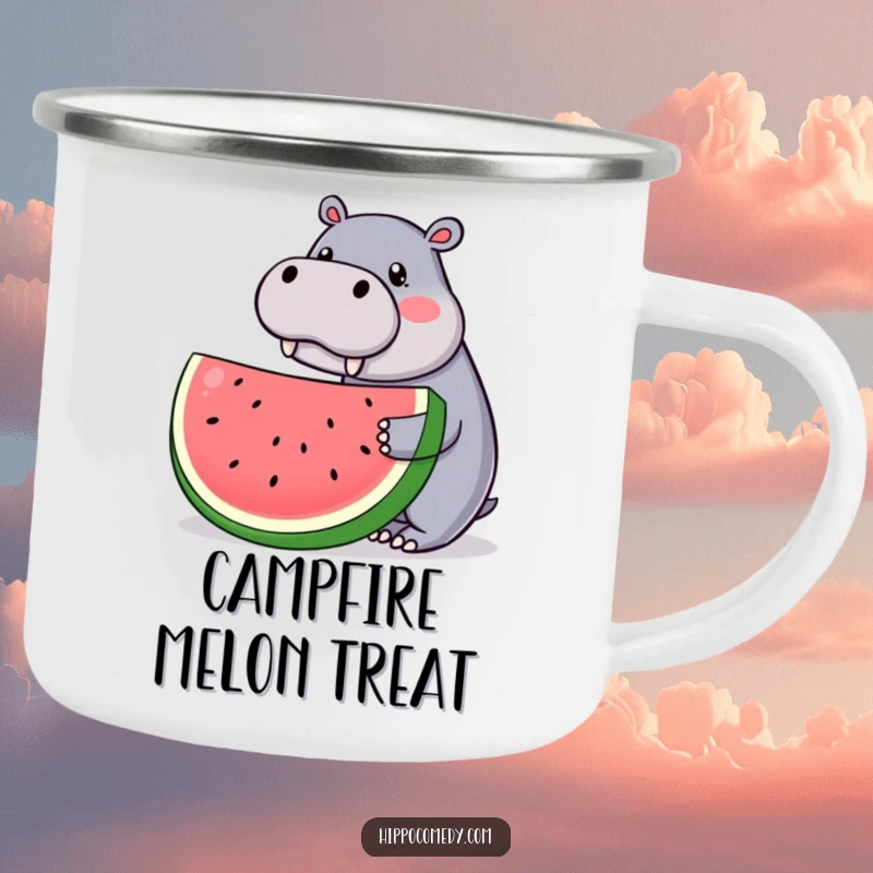 Funny camping mug featuring a kawaii hippopotamus offering a giant watermelon slice, perfect for cute and humorous outdoor enjoyment.