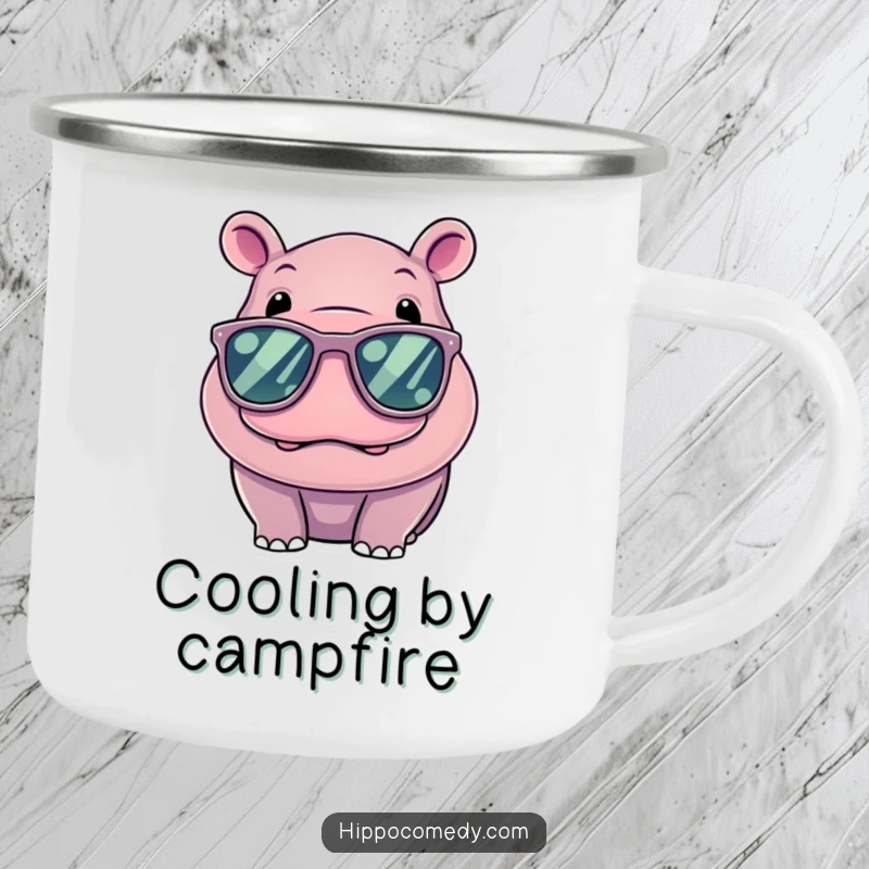 Funny Kawaii Hippo Camping Mug, a cool hippo with oversized sunglasses, ready for outdoor adventures and hot beverages.