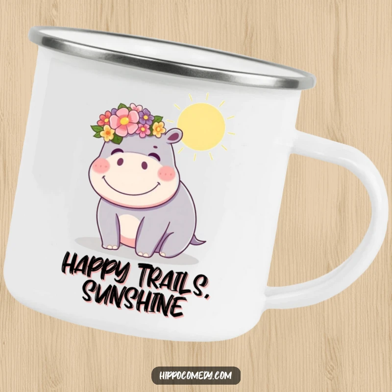 Funny kawaii hippopotamus with a flower crown, giggling in the sun, on a rugged camping mug for cheerful adventures.