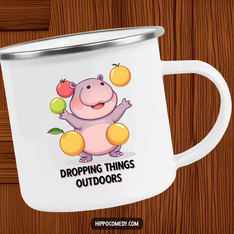 Funny kawaii hippopotamus comically juggling three round fruits on a rugged camping mug, perfect for outdoor humor, a great funny gift.